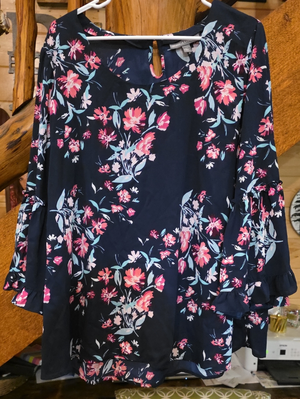 Women's Navy Floral Bell-Sleeve Top